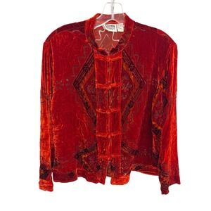 Vintage Chico's Velvet Burnout Oriental Boho Jacket Red Silk Blend Size 0, Small